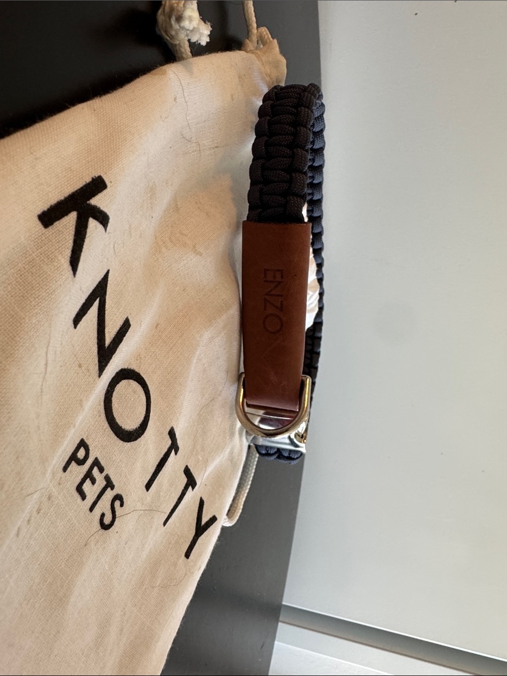 KNOTTY PETS Braided Navy Dog Collar with Brown Leather Tab w ENZO embossed 17”